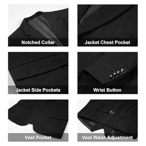 Image of Retro 3 Piece Suit Tweed Herringbone Men's Suits Slim Fit Jacket Vest Pant