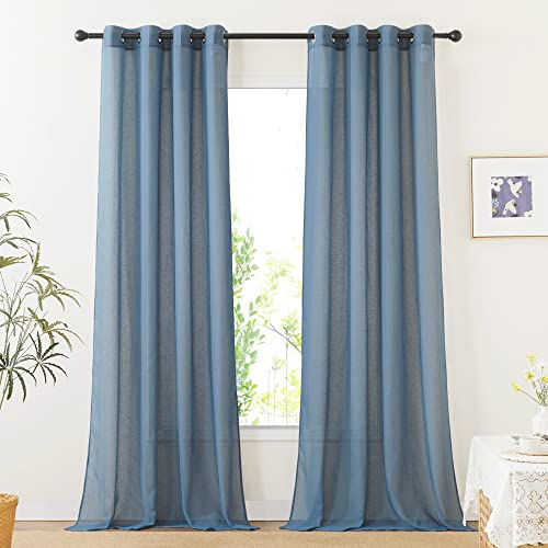 NICETOWN Linen Sheer Stone Blue Curtains 108 inch Long for Living Room, Grommet Semi Sheer Linen Blend Curtains & Drapes Privacy with Light Filtering