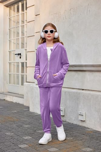 Image of Arshiner 2 Piece Outfits for Girls Kids Velour Tracksuit and Jogger Set | Size 5-14Y, Velvet Sweatsuit with Zipper for Fall /Winter, Suit for School, Workout, Jogging, or Casual Occasions