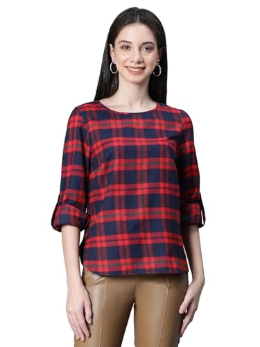 Image of oxolloxo Women Cotton Casual Tops | Regular Fit Checked Checked Round Neck |Regular Tops for Women |Navy Blue