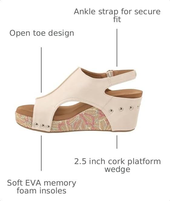 Image of Corkys Footwear Womens Carley Wedges, Featuring Corkys EVA Foam Cushioned Insoles, A 2.5 Inch Heel, Lightweight For All Day Wear, And Hook And Loop Closure