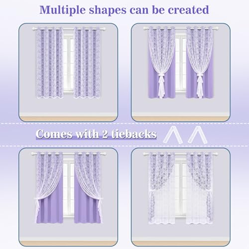 Image of Yinhua Purple Blackout Curtains for Bedroom Double Layer Nursery Curtains for Living Room 63 Inch Length 2 Panels Set Kid Curtain with Floral Sheer Overlay, Grommet Drapes with Tiebacks, 52 inch W x 63 inch L