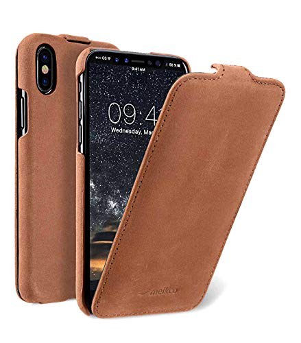 Edle Tasche für Apple iPhone XS und iPhone X / Case Außenseite aus Echt-Leder / Schutz-Hülle aufklappbar / Flip-Case / Etui im Vintage Look /