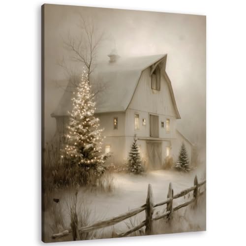 TLESKE Farmhouse Christmas Tree Winter Barn Canvas Wall Art Decor 11x14