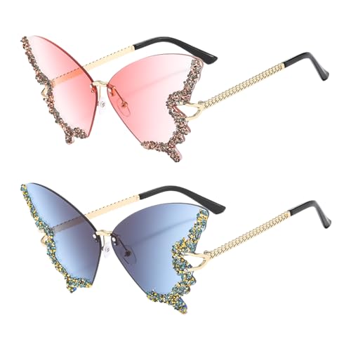 EHDWXVZM 2 Paires de Lunettes Papillon en Strass, Lunettes de Soleil Sans Monture pour Femmes, Mode Créative, Accessoires
