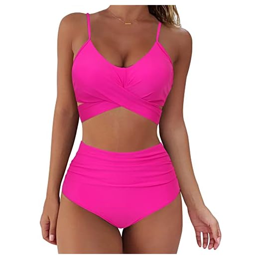SUUKSESS Women Wrap Bikini Set Push Up High Waisted 2 Piece Swimsuits (L, Hot Pink)