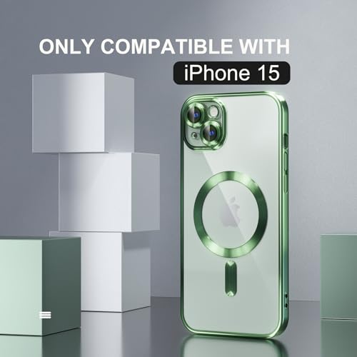 Image of Misea Magnetic for iPhone 15 Case Compatible with MagSafe Green | [Never Yellowing] [Military Drop Protection] Full Camera Lens Protector Plating Soft Clear Phone Case for Women, Green
