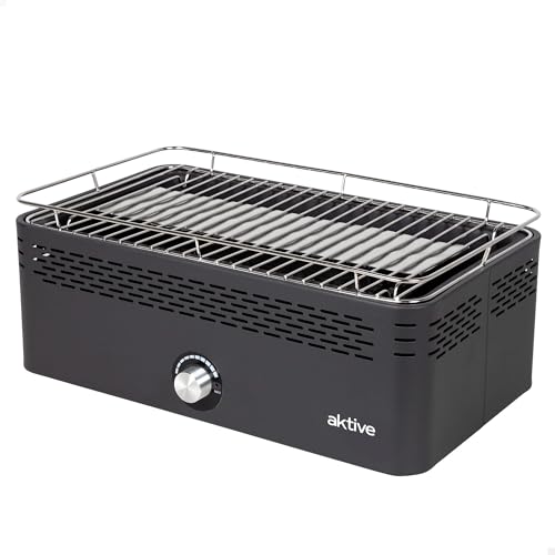 AKTIVE 63004 - Barbecue à Charbon Portable Rectangulaire Noir, sans Fumée, Rechargeable, Anti-Goutte, Dimensions 45 X 28 X 19 cm, Sac de Transport Inclus, Barbecue de...