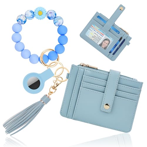 Image of Wristlet Wallet for Women, Keychain Wallet with AirTag Holder | 9 card slots,ID window & zipper pocket,RFID,beaded wrist strap and compact design for travel,shopping and daily carry.