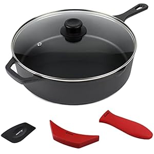 12-Inch Cast Iron Skillet Set (Pre-Seasoned – EXTRA DEEP Sauté Pan), Including Large & Assist Silicone Hot Handle Holders, Glass Lid, Scraper | Indoor & Outdoor Use