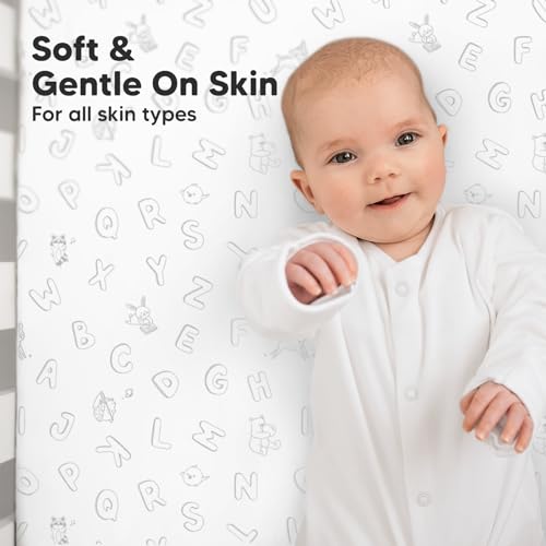 2-Pack Organic Cot Sheets for Boys, Girls - Jersey Fitted Cot Sheet, Baby Cot Sheets Neutral, Cot Mattress Sheet, Cotton Cot Sheets, Soft Baby Sheets for Cot, Unisex Cot Fitted Sheets (ABC Land Cloud)