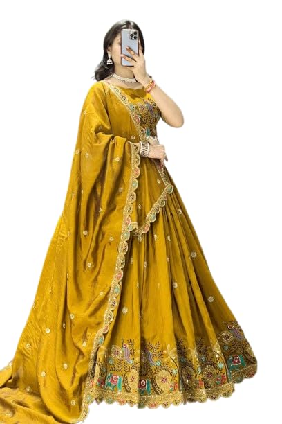 piludi Mustard Yellow Semi-Stitched Embroidered Lehenga Choli Set with Dupatta, Floral Embellishments, Traditional Indian Ethnic Wear-picture-13