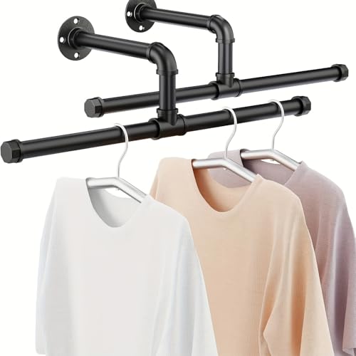 Wandkleiderstange, Industriedesign Kleiderständer 2er Set, schwarz, platzsparend mit Metallrohr, für Schlafzimmer, Wohnung, Geschäft