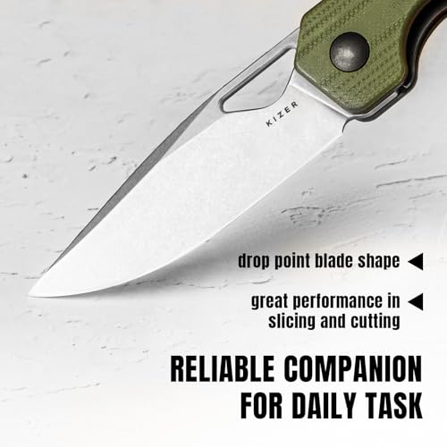 Kizer Mini Militaw Pocket Knife for EDC, 2.82'' D2 Blade Folding Knife, Brown & Green G10 Handle Small EDC Knife with Pocket Clip, Camping Hunting Knife for Men Women Gift V3634SM2