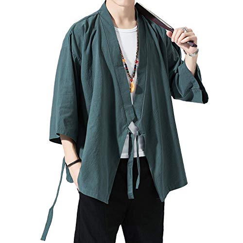 Image of PRIJOUHE Men's Kimono Jackets Cardigan Lightweight Casual Cotton Blends Linen Seven Sleeves Open Front Coat Outwear