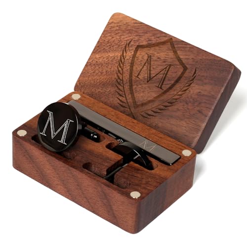 Mens Initial Cufflinks and Tie Clip A-Z Alphabet Letter Black Stainless Cuff Links Tie Bar with Engraved Walnut Wood Box Groom Groomsman Wedding Set