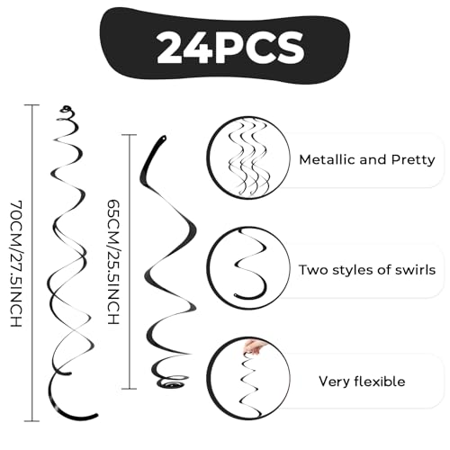 Image of 24 PCS Black Hanging Swirl, Sparkle Ceiling Hanging Decorations, Plastic Streamer Party Decorations with Double-Swirls and Single-Swirls for Birthday Decorations, Graduation,Halloween