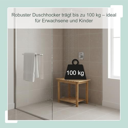 Relaxdays Badhocker aus Bambus, mit Ablage & Duschkopfhalter, Griffe, HxBxT: 42 x 53 x 33 cm, Sitzbank Bad & Flur, Natur