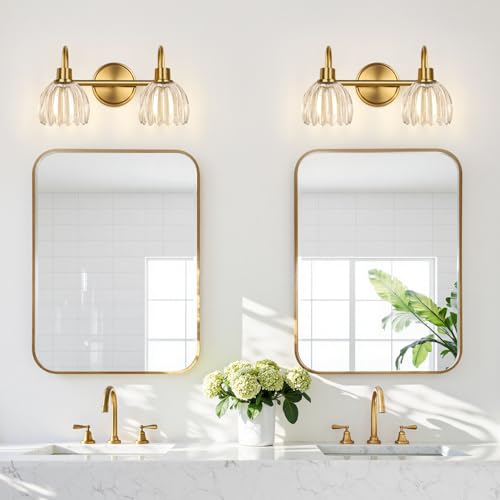 Image of Bathroom Vanity Light (2-Light, 15 in), Brushed Gold Vanity Lights for Bathroom with Ribbed Clear Tulip Glass Shade, Vintage Vanity Wall Lights for Mirror Bedroom Living Room Hallway