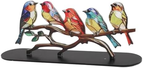 AUNMAS Vibrant Stained Birds On Branch Desktop Ornaments, Metal Table Art Bird Figurines, Home Decor for Bird Lovers, Fade, 5 Birds Set