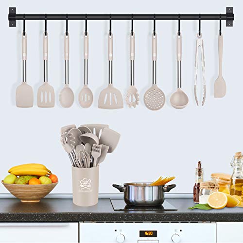 Silicone Cooking Utensil Set, Taiker Kitchen Cooking Utensils Set, Non-stick & Heat Resistant Silicone Cookware, BPA Free Non-Toxic Cooking Utensils, Kitchen Tools (Khaki)