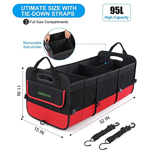 Simniam Large Trunk Organizer for Car, Collapsible Multi Compartment Car Trunk Organizer with 2 Retractable Straps, Suitable for All Kinds of Cars, SUV, Minivan - 4 Compartments Red