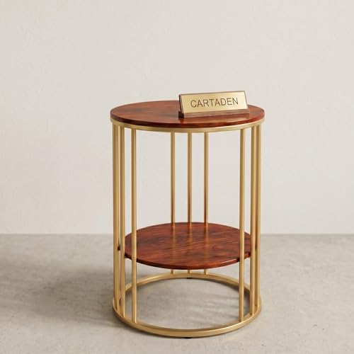 Image of CARTADEN Side Table, Small Round End Table with Lower Shelf, Nightstand for Small Spaces, Bedside Coffee Table for Living Room, Bedroom Gold Brown