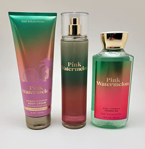 Bath & Body Works – Pink Watermelon - 3 pc Bundle - Fine Fragrance Mist, Ultimate Hydration Body Cream and Shower Gel - Winter 2021