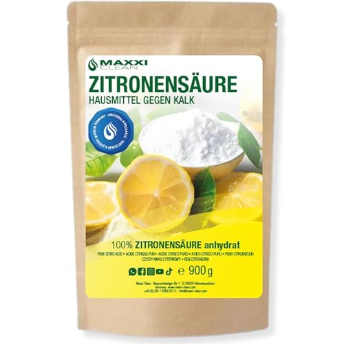 Maxxi Clean | 1x 900 g Zitronensäure Citric Pulver in Lebensmittelqualität | Made in Germany | Hausmittel für Küche, Haushalt & Kosmetik | Citronensäure (100% Reinheit) |