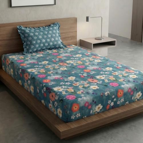 Image of Home Sizzler 210TC Multicolor Floral Print Elastic Fitted Single Bedsheet (72X36 Inch) with 1 Pillow Cover