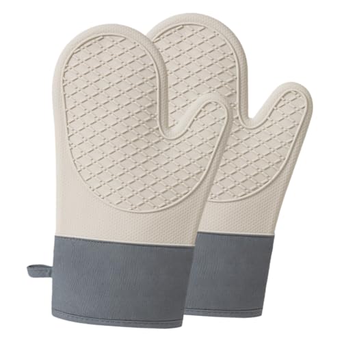 TOBBOMEY 2 Piezas Guantes de Horno y Microondas Resistentes al Calor Manoplas Flexibles de Silicona con Forro de Algodón Antideslizantes para Cocina y Horneado de Unidades Blancas