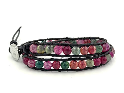 BLUEYES COLLECTION 2 Wrap Leather Bracelet Choker -Candy Rain- Faceted Cut Agate 6mm Bead