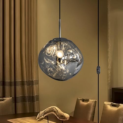 Sedelan Pendant Lights Plug in,Globe Pendant Lighting, Dimmable Hanging Light, Chrome Blown Chandelier, 14.11ft Adjustable Cord Island Lights for Bedroom, Mirror Effect Lava Light Effect, Home Decor