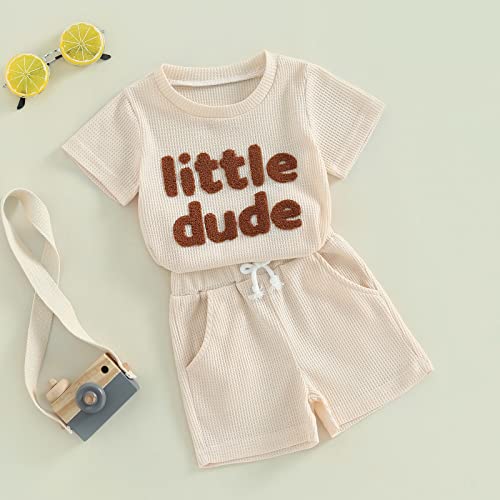 Toddler Baby Boy Girl Outfits Waffle Knit Short Sleeve T-Shirt Elastic Waist Shorts Set Summer Clothes (Apricot,12-18 Months) #TOP6