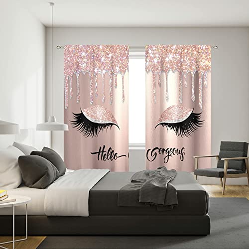 Meshelly Hello Gorgeous Unicorn Eyelash Curtains 42W X 63H Inch Rose Gold Drips (No Glitter Sparkle) Rod Pocket Pink Dripping Girly Makeup Princess Bedroom Living Room Window Drapes Fabric 2 Panels #TOP2