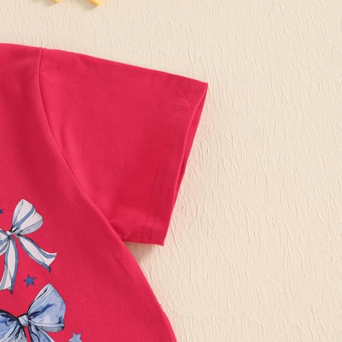 Image of Kids Toddler Little Girls 4th of July T-Shirt Coquette Red White & Blue Patriotic Bows Retro American Flag Top