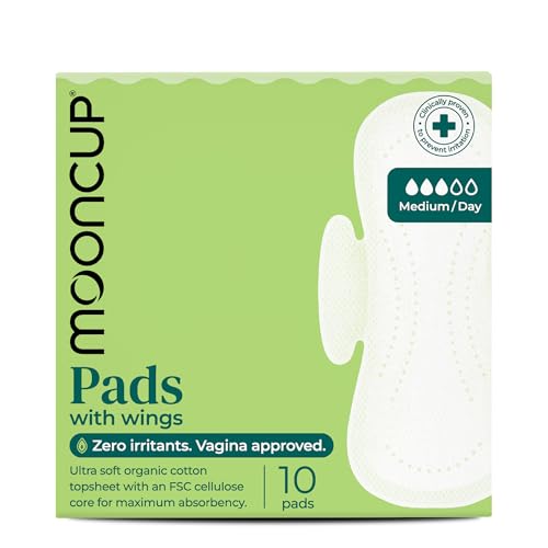 Mooncup Pads with Wings - Biodegradable Pads Made with Organic Cotton for Irritation-Free Period Care Leak-Proof Plastic-Free Highly Absorbent Protection for Sensitive Skin - Medium/Day 10 Count