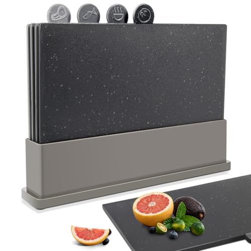 Masthome Chopping Board Set, Dishwasher Safe Plastic Cutting Board with Stand & Food Icons, 4pcs Non Slip Index Chopping Board for Kitchens Meat Vegetables and Bread, BPA-Free, 31.5x21.5 cm, Black
