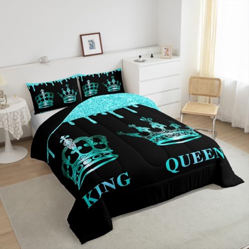 Image of Feelyou Couple Crown King Queen Comforter Twin Size, Mr Mrs Bedding Set Anniversary Comforter Set for Couple Man Woman Romantic Duvet Set Couple Bed Set 2Pcs