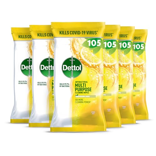 Dettol Antibacterial Multipurpose Cleaning Wipes, Citrus Zest Scent, 6 Pack of 105, Total 630, Germ Protection, Surface Cleaner, Fresh Fragrance, Household Essential Dettol Antibacterial Multipurpose Cleaning Wipes, Citrus Zest Scent, 6 Pack of 105, Total 630, Germ Protection, Surface Cleaner, Fresh Fragrance, Household Essential
