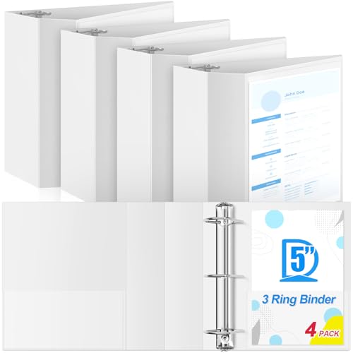 Image of Henoyso 4 Pack 5 Inch D-Ring 3 Ring Binders with Clear Pocket, Heavy Duty Large Capacity Binder with Inside Pockets for Standard Pages 8.5 x 11, Presentation Binder for Office School(White)