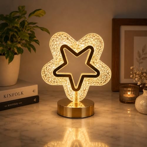 Image of Crystal Star LED Table Lamp - Aesthetic Warm White Night Light, Decorative Bedside Lamp with Golden Metal Base for Bedroom, Living Room, Home Decor & Gifting