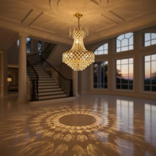 Image of DREAMY DESIGNS Round Shape 300MM Golden Color S4 Diamond Cut White Crystal Standard Celling Pendant Lamp with 4 E14 Bulb Inluded Gold Light Chandelier for Bedroom (30 * 70 CM)