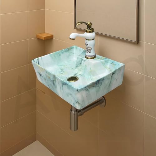 Image of Artiva Designer Ceramic Table Top Wash Basin For Bathroom /Green Wall Mounted Bathroom Sink /Wall Hung Washbasin /Wash Basin For Cabinet, Countertop, Vanity (Osian Green 16 x 12 x 5 Inch)