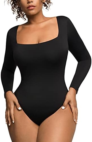 Popilush Square Neck Bodysuit for Women Long Sleeve Thong Shapewear Built In Bra Basic Jumpsuit Clothing Black/Brown