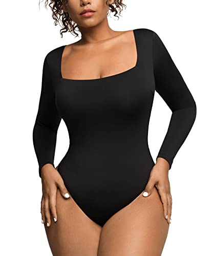 Popilush Square Neck Black Bodysuit Women Sexy Long Sleeve Shapewear Tummy Control Jumpsuit With Built In Bra Thong Body Suits Tank Tops Clothing #TOP12