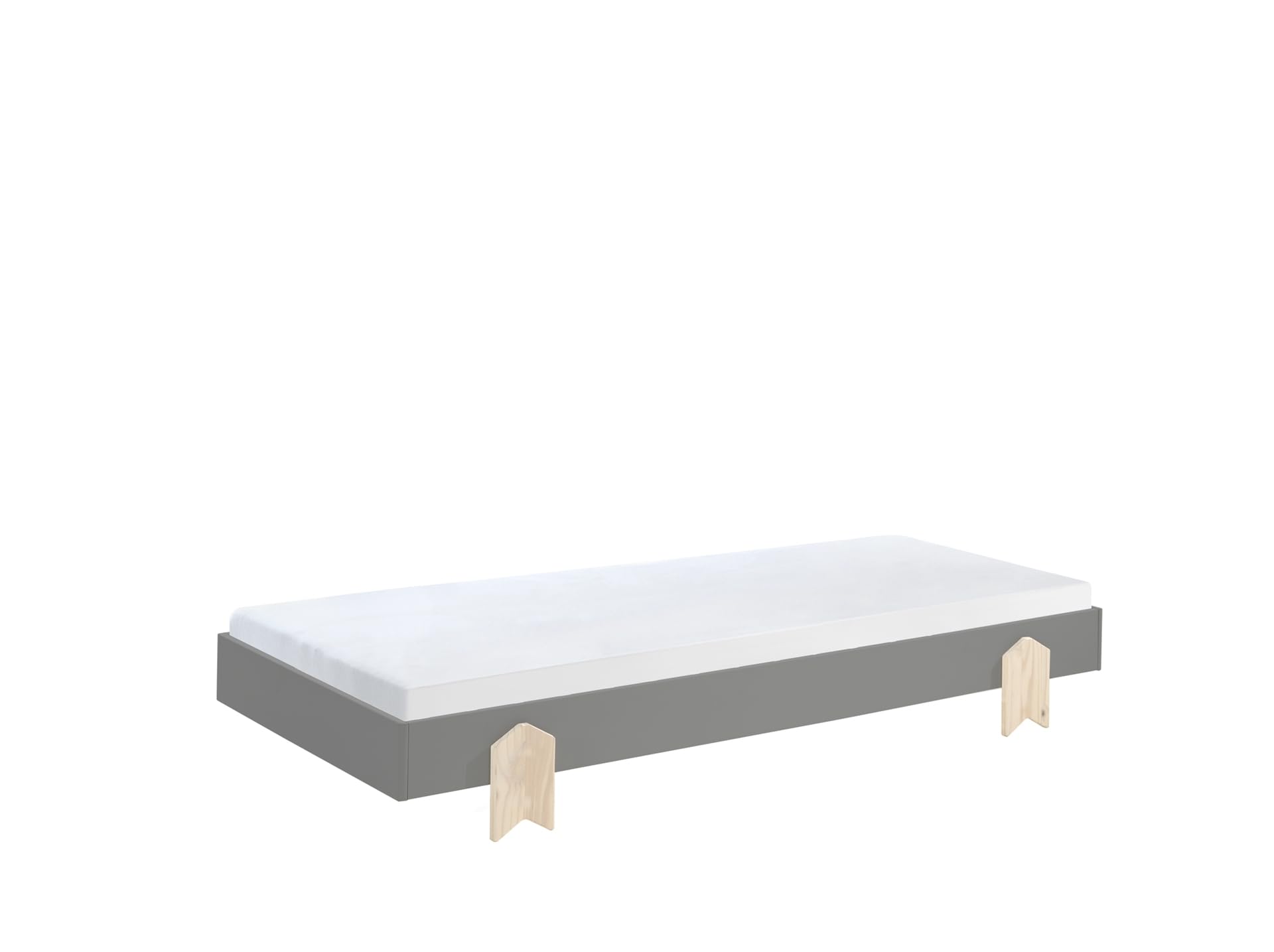 möbelando Stapelbett >Moldulo< Einzelbett/Stapelbett 90 x 200 cm Liegefläche, grau lackiert, Fuß Pfeil-Optik Kiefer Natur lackiert, Stellfläche ca.: B: 203,6 x H: 27,5 x T: 93,8 cm