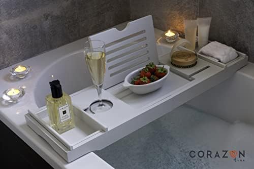 CORAZON HOME Luxury Grey Bamboo Bath Tray - Wooden Bath Caddy in Cool Grey with Ipad/Tablet Holder - Phone Holder and Wine Glass slot - Candle/Glass Holder - Bath Shelf - Perfect Bathroom Accessories