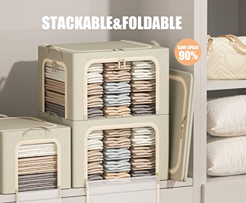 Image of 3 Openings Clothes Storage Bins with Metal Frame, Foldable Storage Bin for Clothes, Clothing Storage Bins with Lid, Linen Storage Box With Clear Window& Zippers& Durable Handles.(3 Pcs,Beige,40L)
