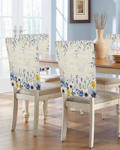 Pinroote Blue Spring Floral Chair Covers - 4 Pcs Dining Room Chair Back Covers, Summer Botanical Chair Slipcovers, Vintage Flowers Removable Chair Protectors Covers for Kitchen/Banquet/Party 19